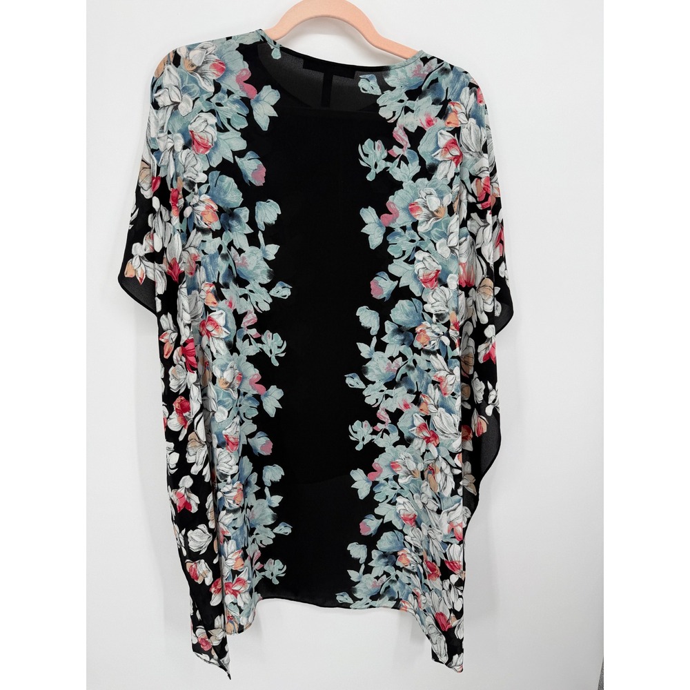 BCBGMAXAZRIA Kaftan Blouse Womens Medium Black Floral High Low Kimono Top - Picture 6 of 8